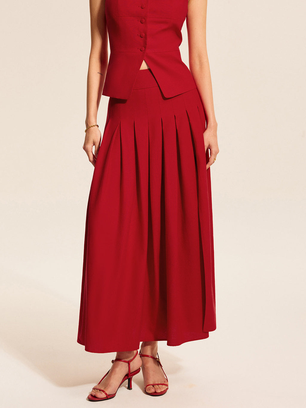 Cotton & Linen Pleated Slit Skirt