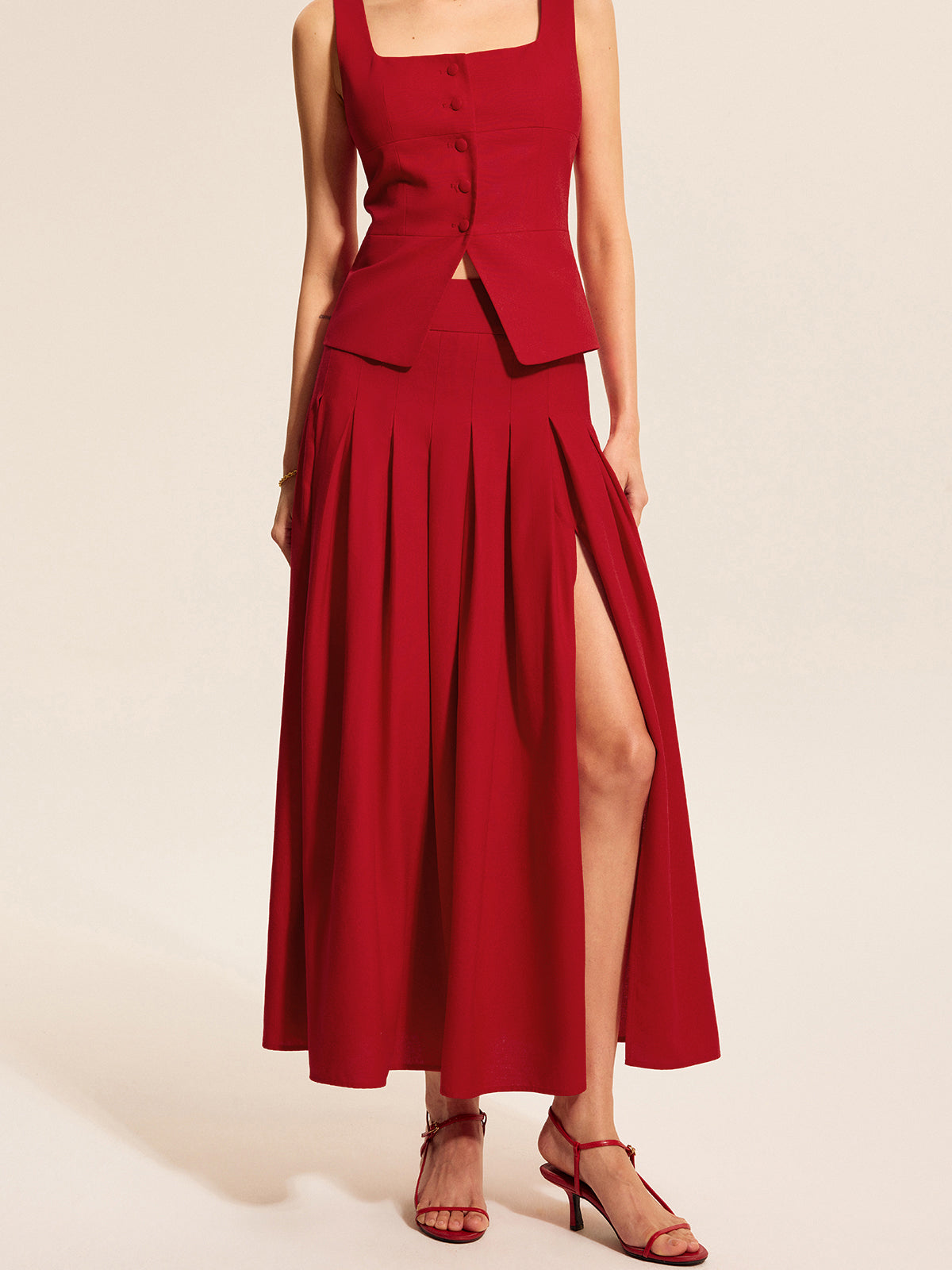 Cotton & Linen Pleated Slit Skirt