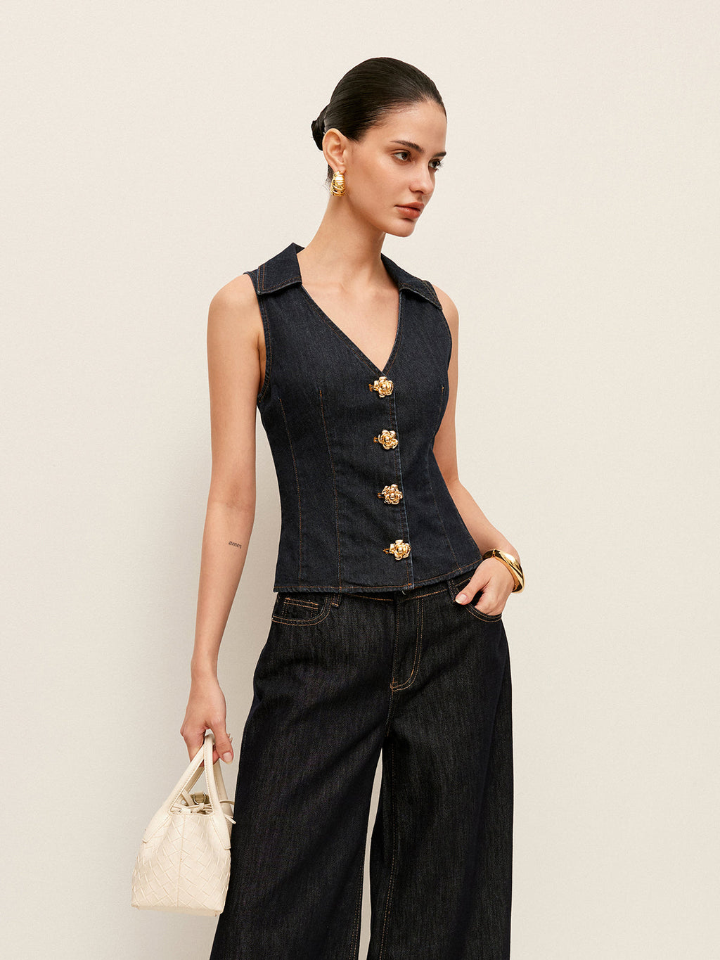 Denim Collared Vest With Floral Button Detail
