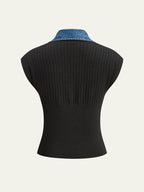Denim Trim Ribbed Knit Top