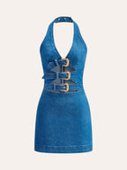Halter Neck Buckle Detail Denim Dress