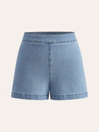 Metal Button Tie-Back Denim V-Neck Shorts Set