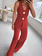 Button Split Sleeveless Pants Set