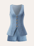 Metal Button Tie-Back Denim V-Neck Shorts Set