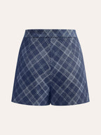 Checkered Print Mid-Waist Denim Short