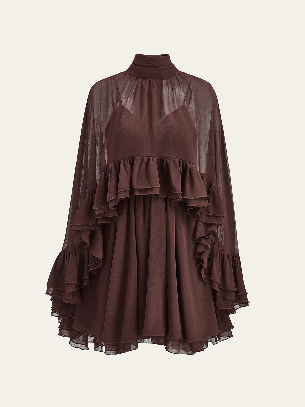 "LISA" Semi-Sheer Chiffon Ruffle Dress With Outer Cape