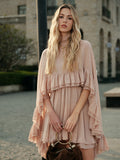 "LISA" Semi-Sheer Chiffon Ruffle Dress With Outer Cape