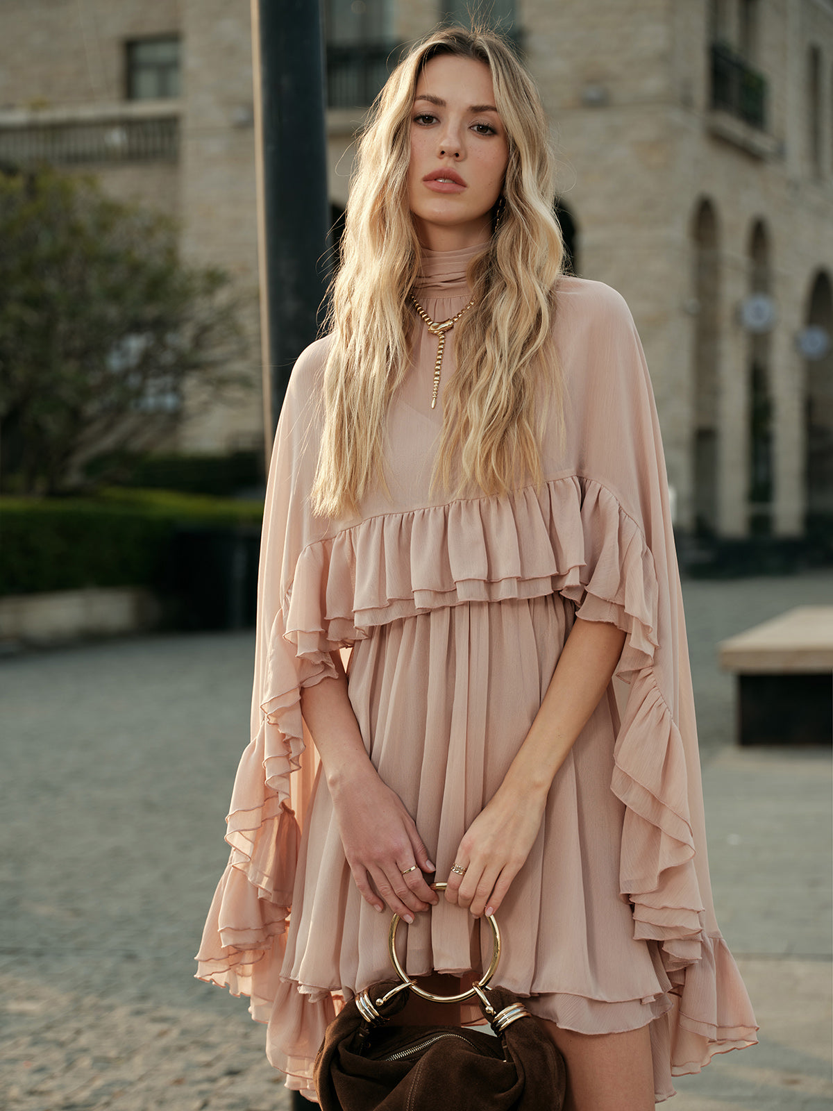 "LISA" Semi-Sheer Chiffon Ruffle Dress With Outer Cape