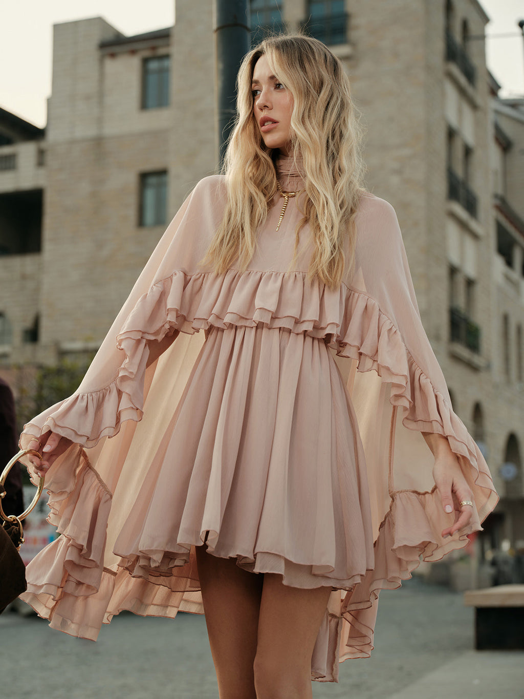 "LISA" Semi-Sheer Chiffon Ruffle Dress With Outer Cape