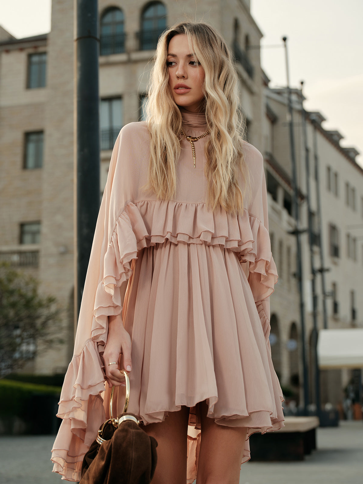 "LISA" Semi-Sheer Chiffon Ruffle Dress With Outer Cape