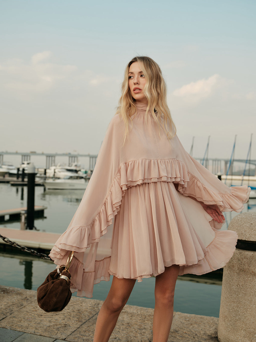 "LISA" Semi-Sheer Chiffon Ruffle Dress With Outer Cape