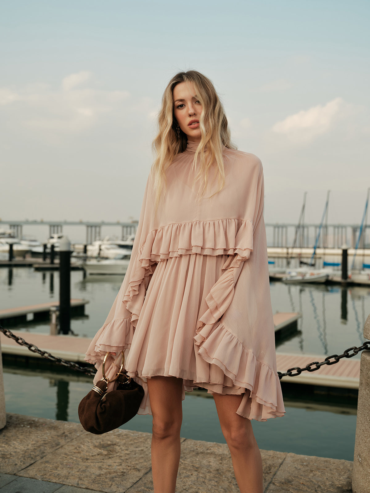 "LISA" Semi-Sheer Chiffon Ruffle Dress With Outer Cape