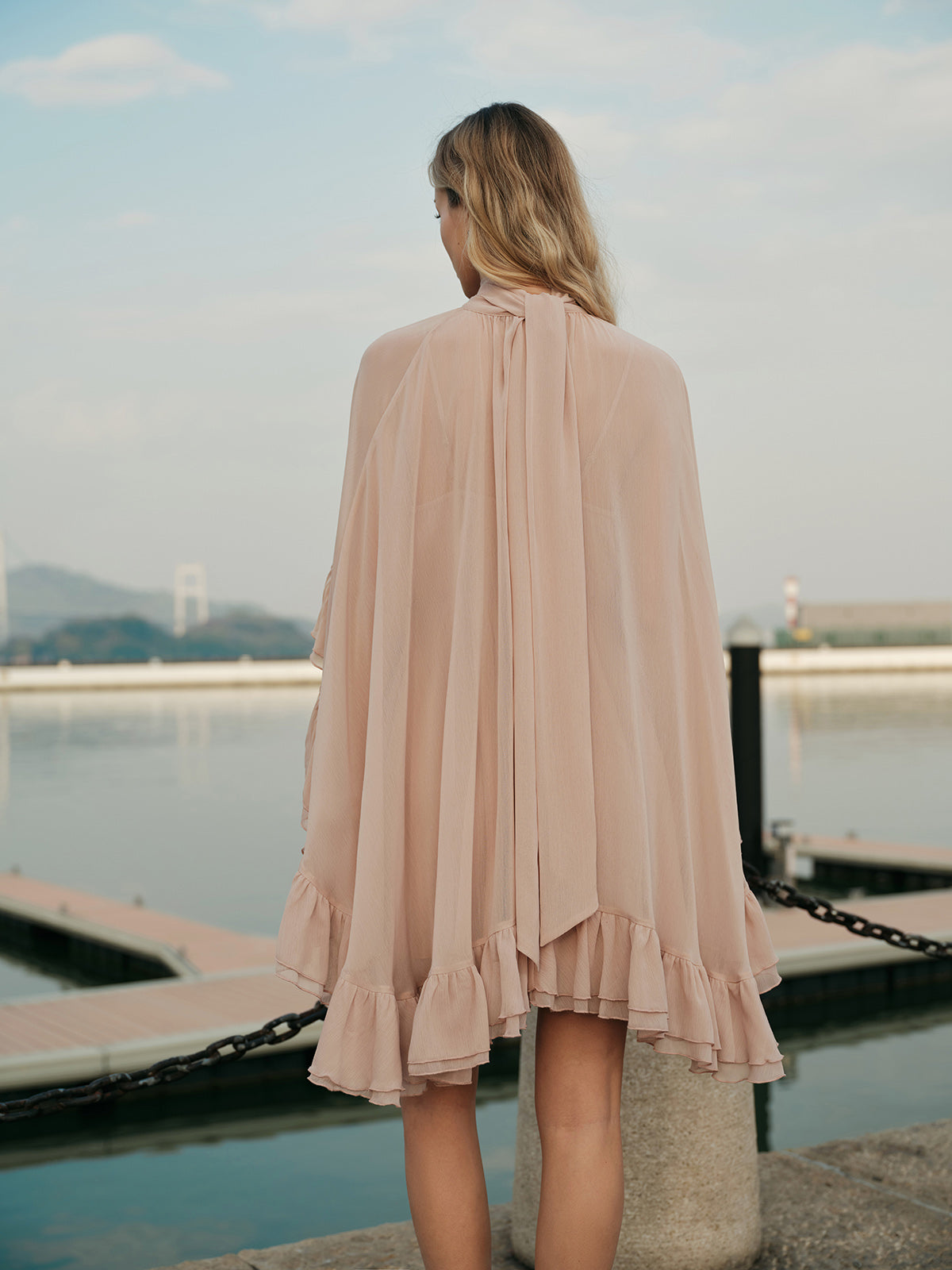 "LISA" Semi-Sheer Chiffon Ruffle Dress With Outer Cape