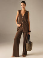 Golden Button Knit Vest Pants Set