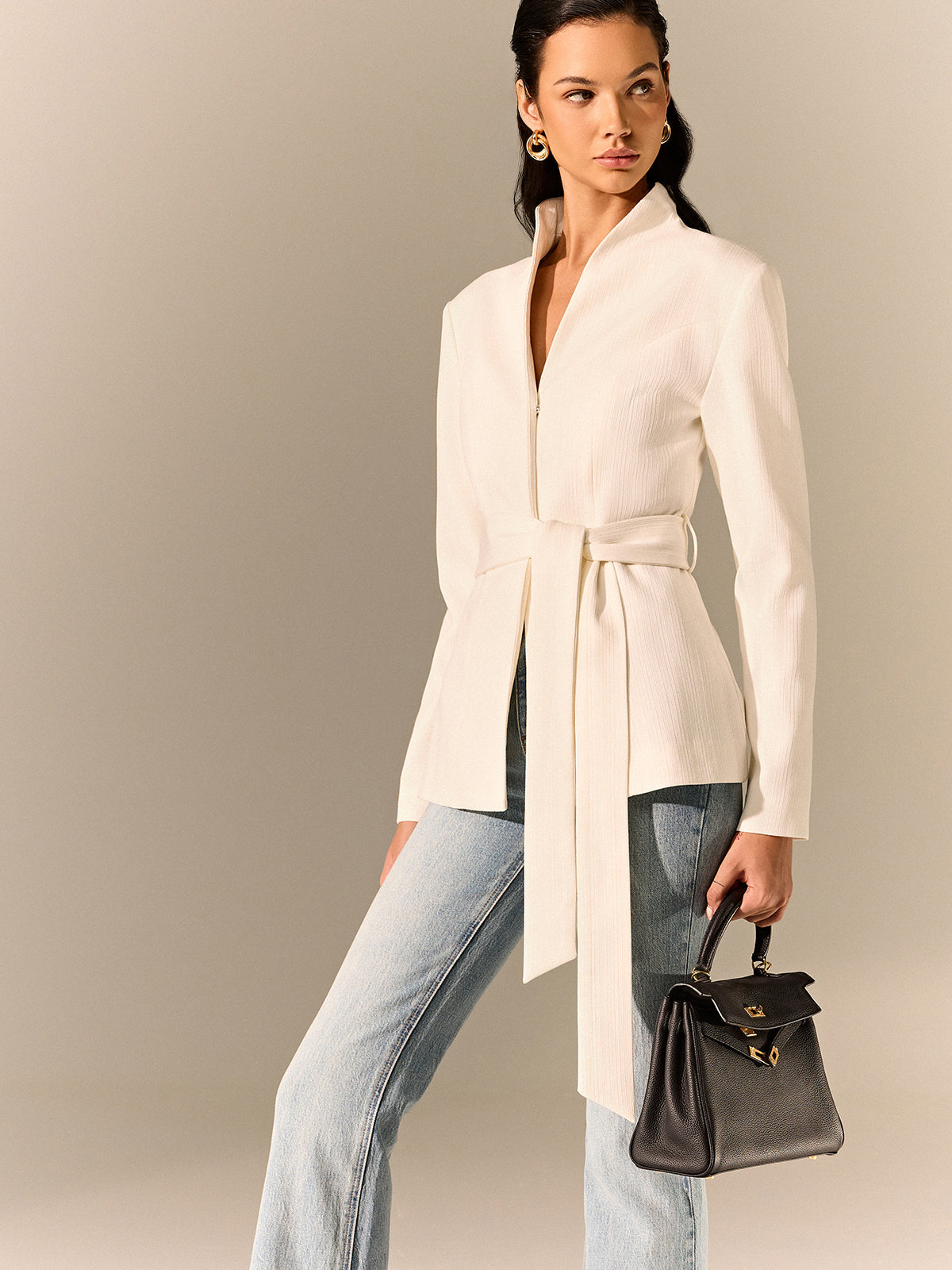 Stand Collar Belted Long Sleeve Blazer