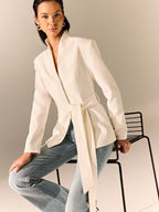 Stand Collar Belted Long Sleeve Blazer