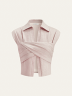 Linen Blend Cropped Blouse with Cross Wrap Detail