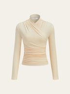 Cross-Over Collar Pleated Cinched T-Shirt