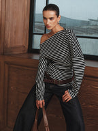 Striped Asymmetric One-Shoulder T-Shirt