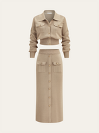Metal Button Collared Cardigan and Midi Skirt Set