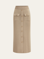 Metal Button Collared Cardigan and Midi Skirt Set