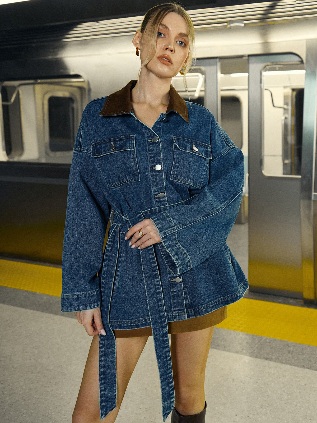 Denim Belted Lapel Jacket