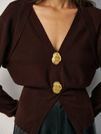 Metal Button V-Neck Knit Cardigan