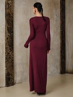 Metal Buckle Long Sleeve Ruched Maxi Dress
