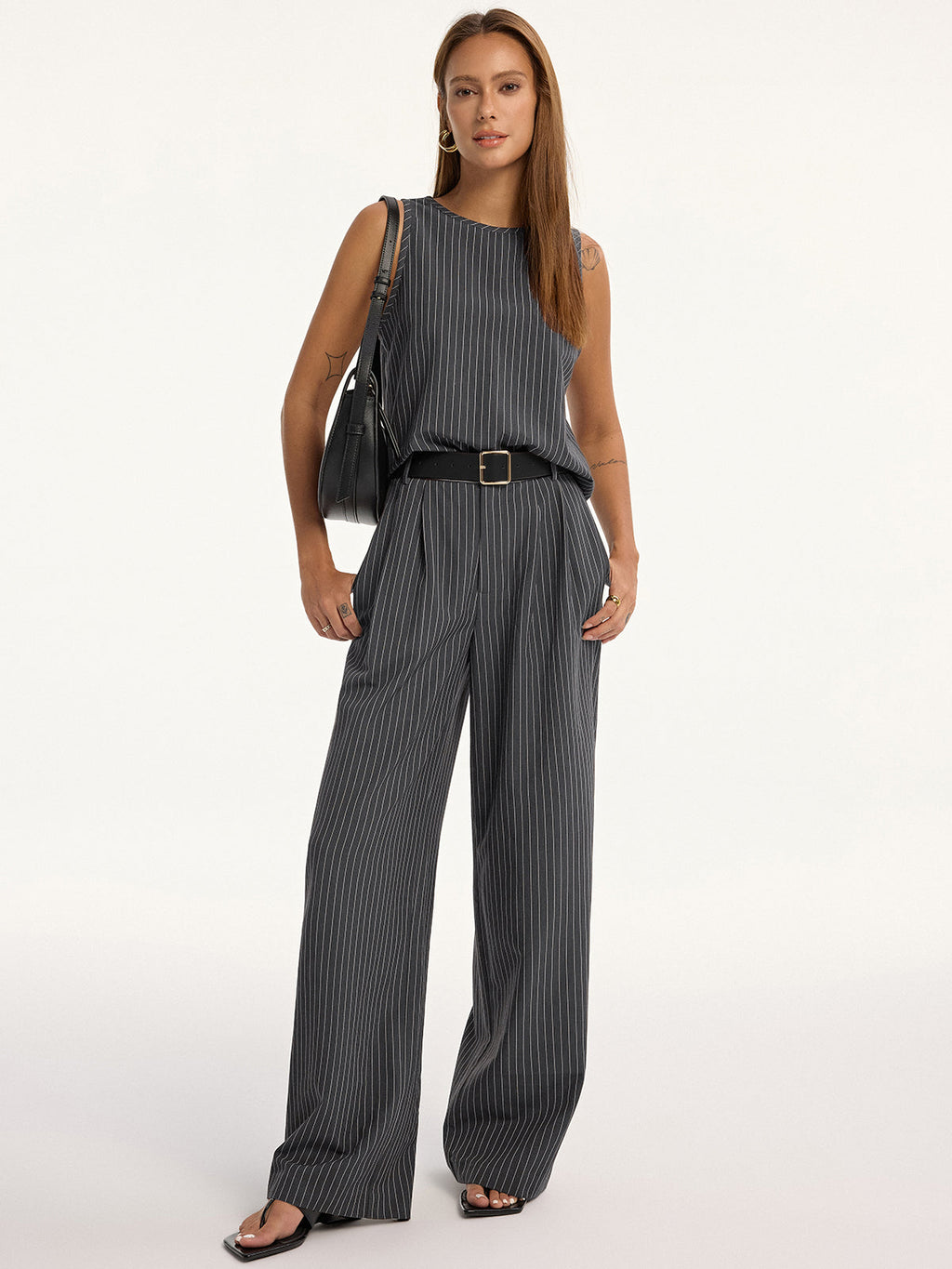 Pinstripe Sleeveless Top and Pants Set with Belt