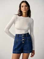 High-Waisted Button-Front Denim Short