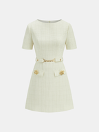Metal Detail Tweed Belted Mini Dress