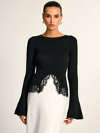 Lace Hem Bell Sleeve Wool Blend Knit Top