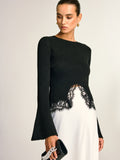 Lace Hem Bell Sleeve Wool Blend Knit Top