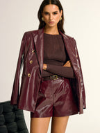 PU Leather Metal Button Lapel Pocket Blazer