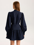 Denim Stand Collar Puff Sleeve Mini Dress