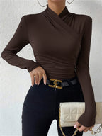 Cross-Over Collar Pleated Cinched T-Shirt