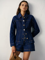 Cinched Waist Metal Button Denim Jacket