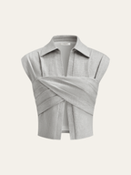 Linen Blend Cropped Blouse with Cross Wrap Detail