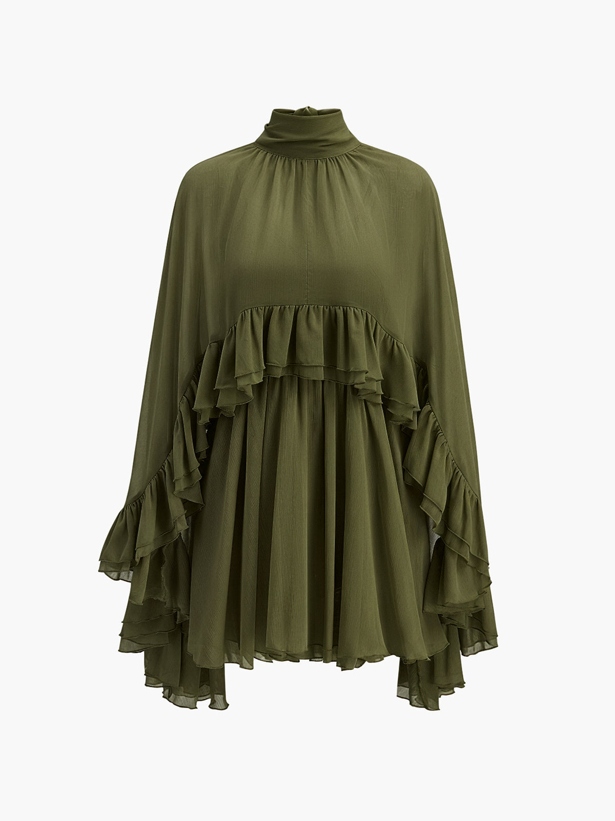 "LISA" Semi-Sheer Chiffon Ruffle Dress With Outer Cape