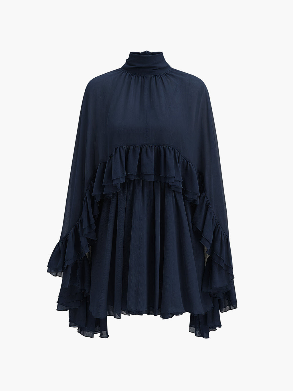 "LISA" Semi-Sheer Chiffon Ruffle Dress With Outer Cape