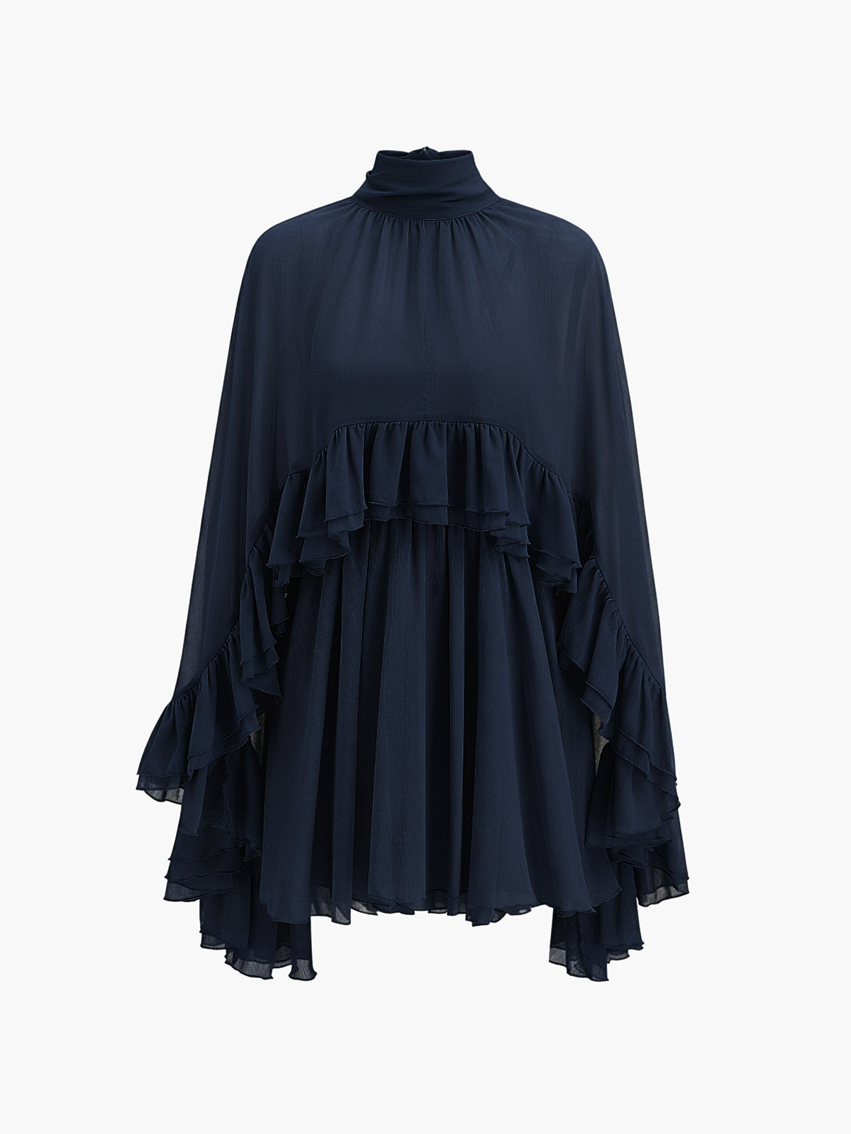 "LISA" Semi-Sheer Chiffon Ruffle Dress With Outer Cape