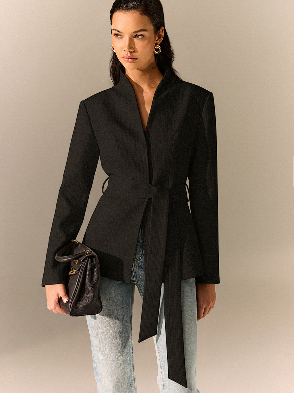 Stand Collar Belted Long Sleeve Blazer