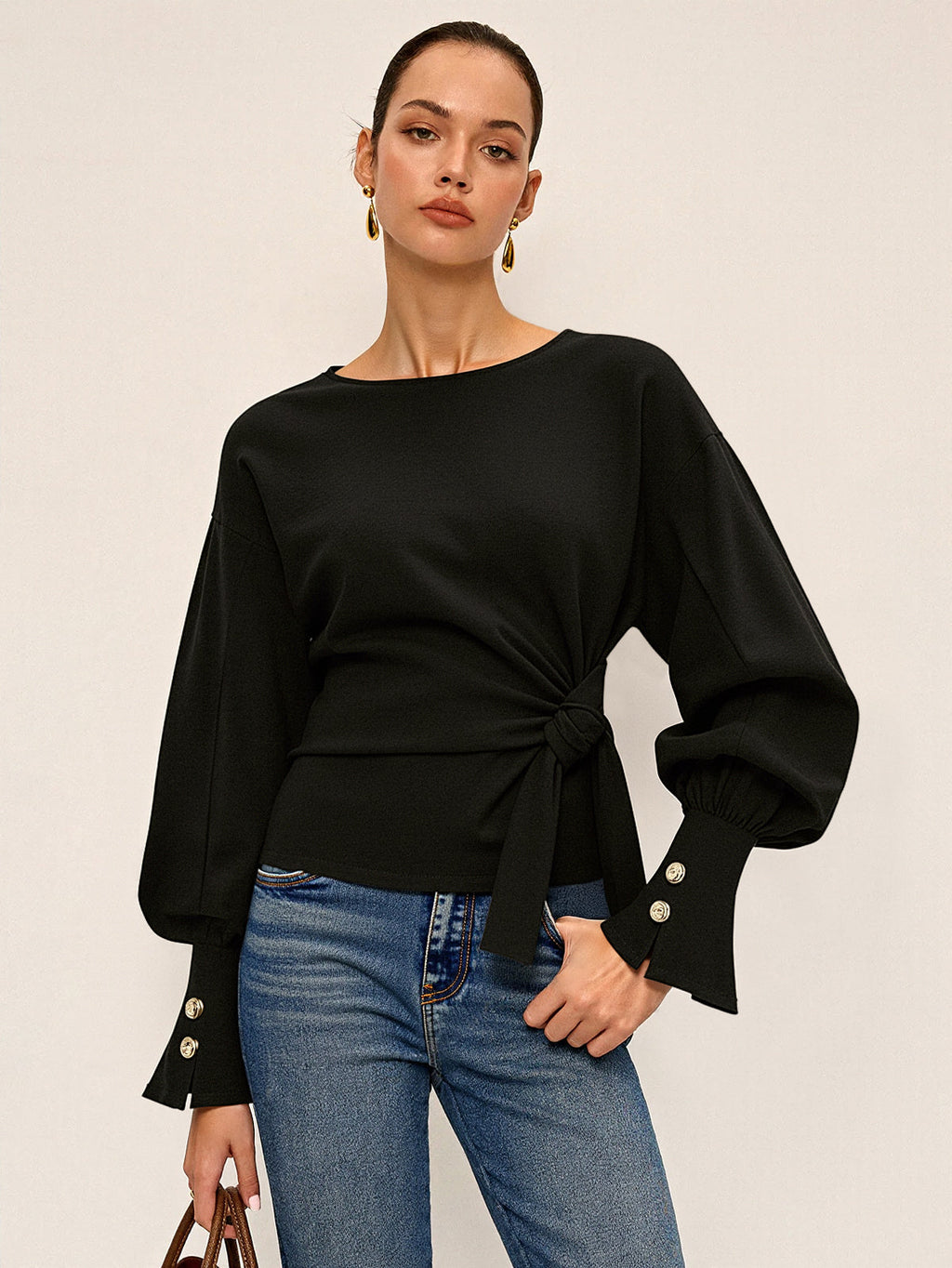 Twist Knot Balloon Sleeve Sweatshirt