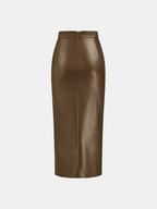 Ruched Slit PU Leather Midi Skirt