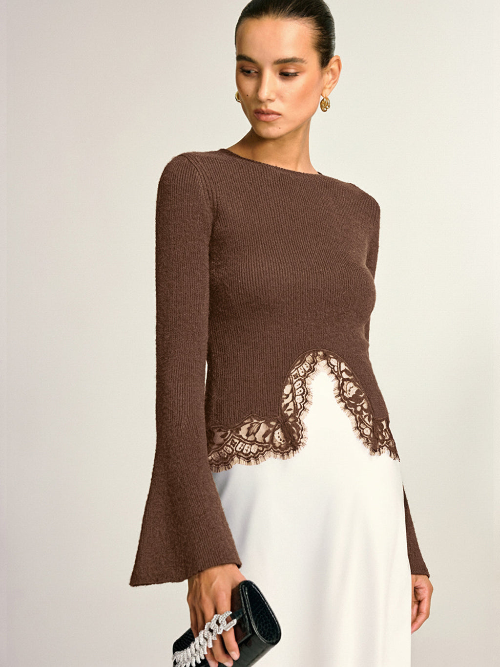Lace Hem Bell Sleeve Wool Blend Knit Top