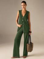 Golden Button Knit Vest Pants Set