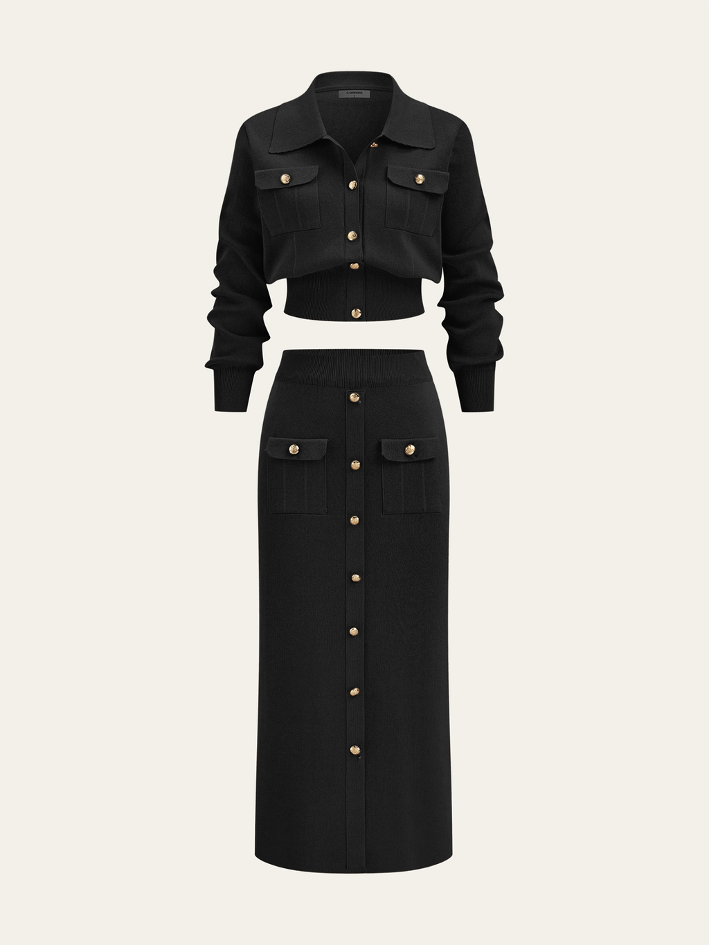 Metal Button Collared Cardigan and Midi Skirt Set