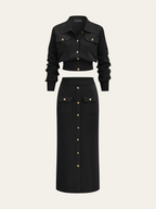 Metal Button Collared Cardigan and Midi Skirt Set