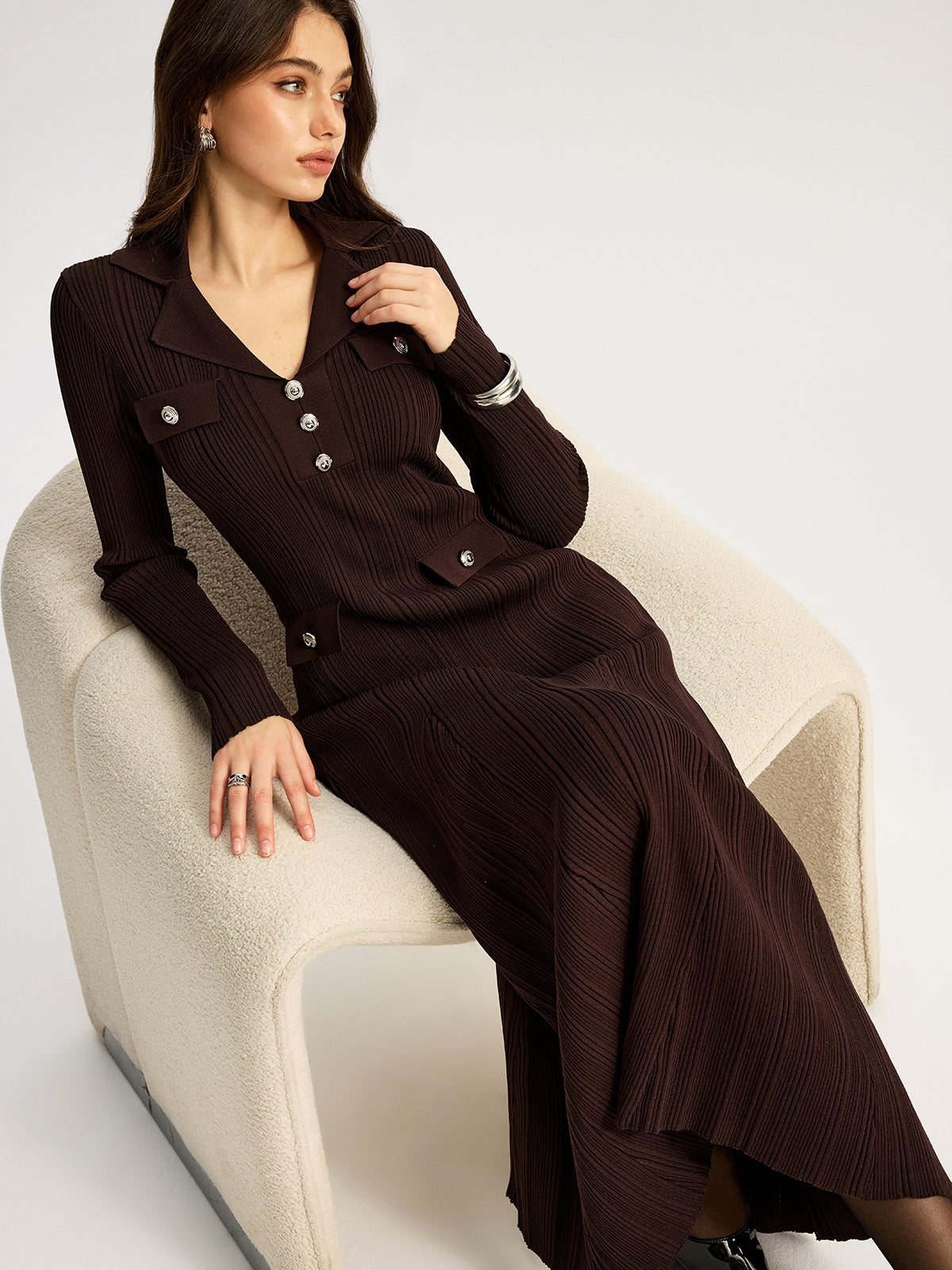 Lapel Metal Detail Knit Maxi Dress