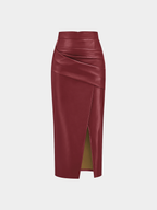 Ruched Slit PU Leather Midi Skirt